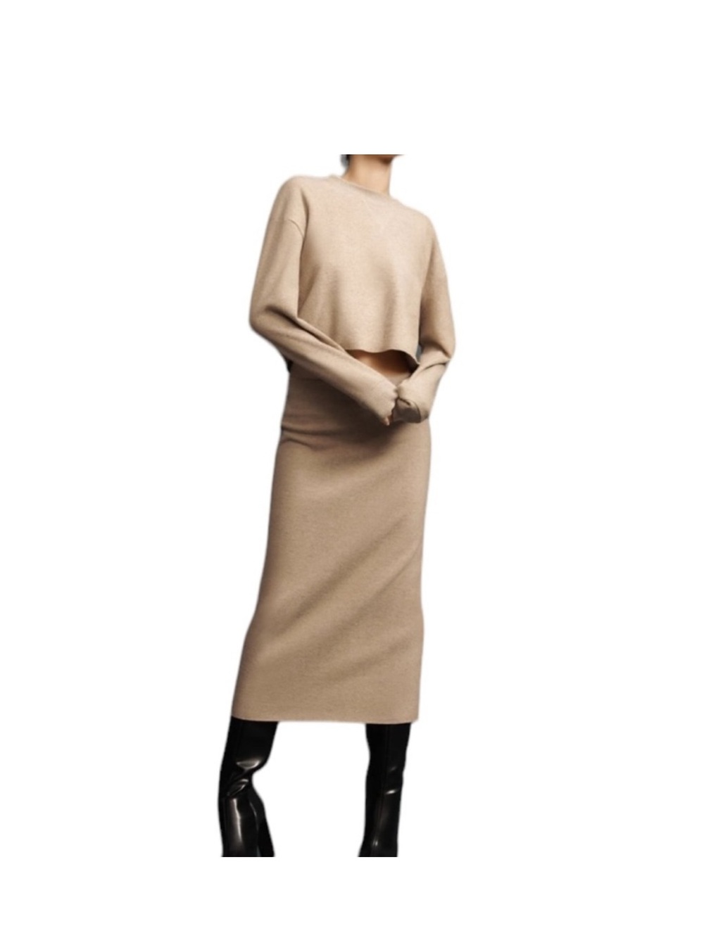 Zara Cozy Beige Two-Piece Sweater Skirt Set